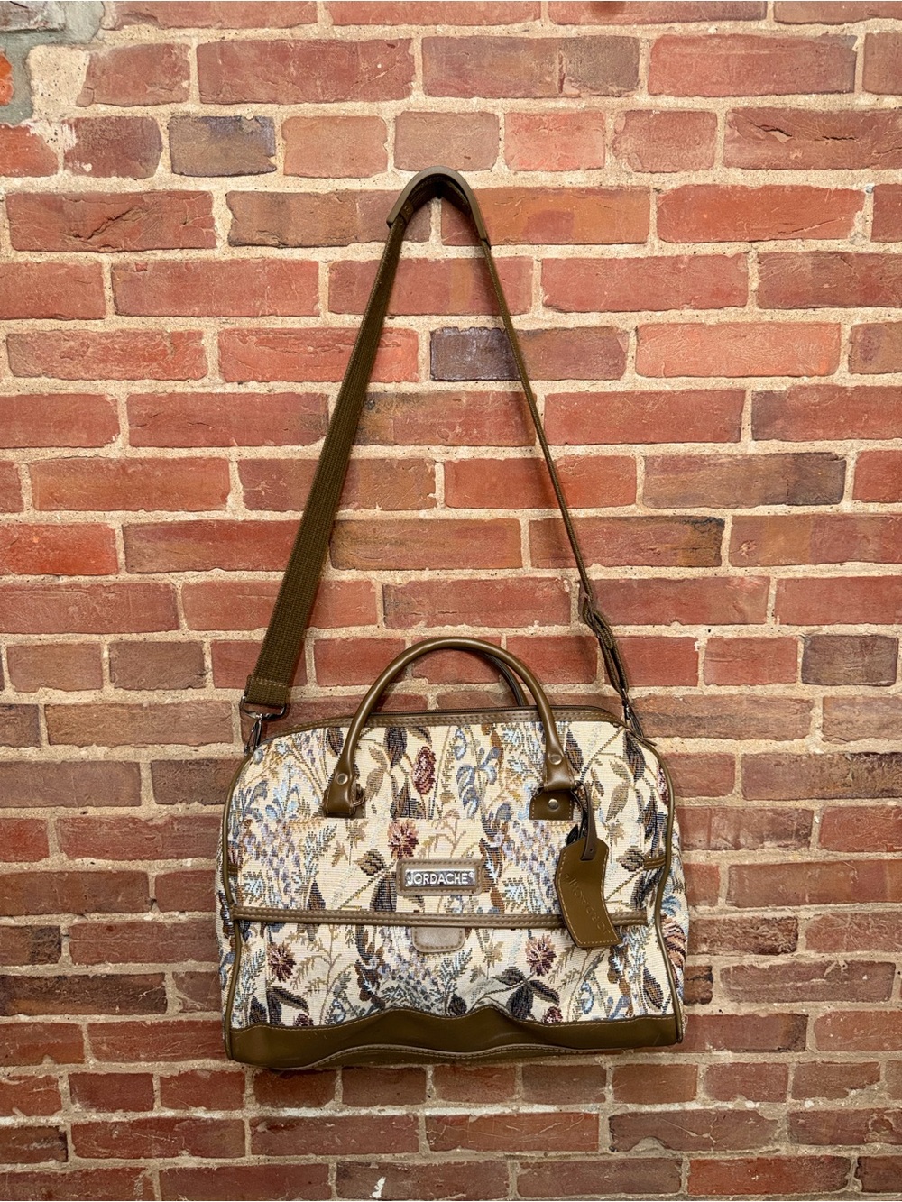 Jordache Floral Tapestry Satchel Handle Bag Shoulder Strap Olive Brown Trim